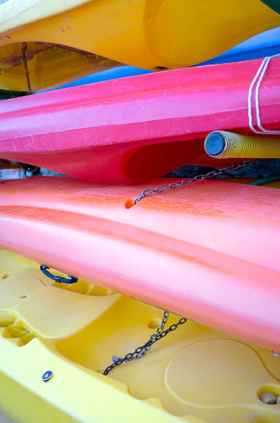 istock Colorful kayaks winter storage. Color image 466137304