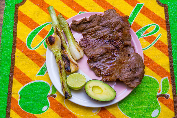 Grilled steak meat grilled with onions, sliced avocad and limes, served in a two colors dish over a coloured carpet. In Mexico is common to serve with grilled steaks accompanied with hot chilli pepper sauces and tortillas