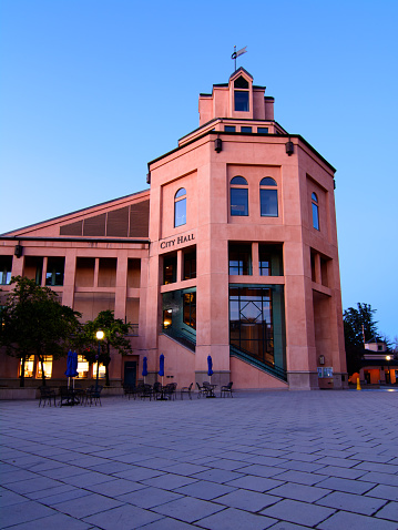 The City Hall building in Mountain View, California, during the morning blue hour