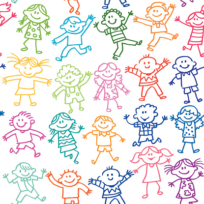 Vector illustration with funny and smiling kids cartoons in a seamless pattern.