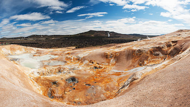 Leirhnjukur Leirhnjukur is the hot geothermal pool at Krafla area, Iceland. The area around the lake is multicolored and cracked. sulphur landscape fumarole heat stock pictures, royalty-free photos & images