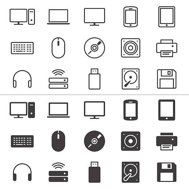Computer thin icons Simple vector icons. Clear and sharp. Easy to resize. No transparency effect. hard drive stock illustrations
