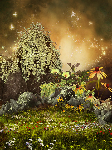 Fantasy meadow with colorful rocks, flowers and butterflies