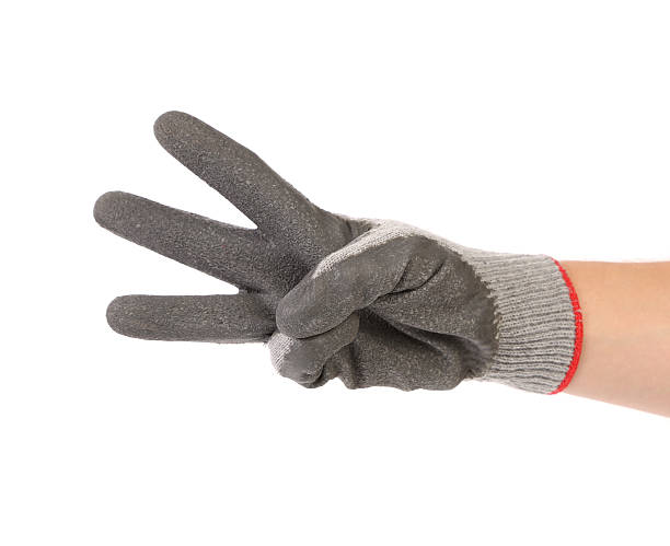 mostra tre mani in guanti di gomma. - rubber sports glove equipment isolated foto e immagini stock