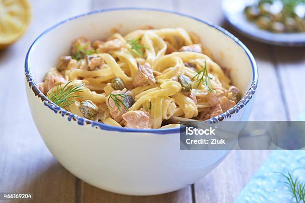 Pasta With Smoked Salmon And Capers In Cream Sauce Stock Photo - Download Image Now - Pasta, Caper, Fish