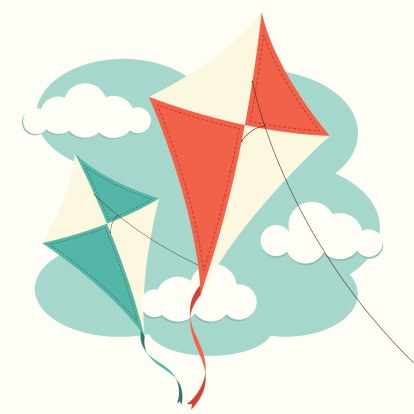 An illustration of 2 kites against a cloudy sky