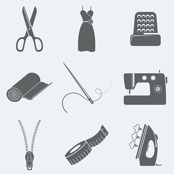 Nine different sewing related images in greyscale  vector art illustration