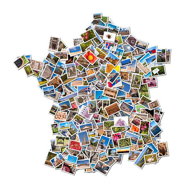photos collage in the shape of france - toerisme fotos stockfoto's en -beelden