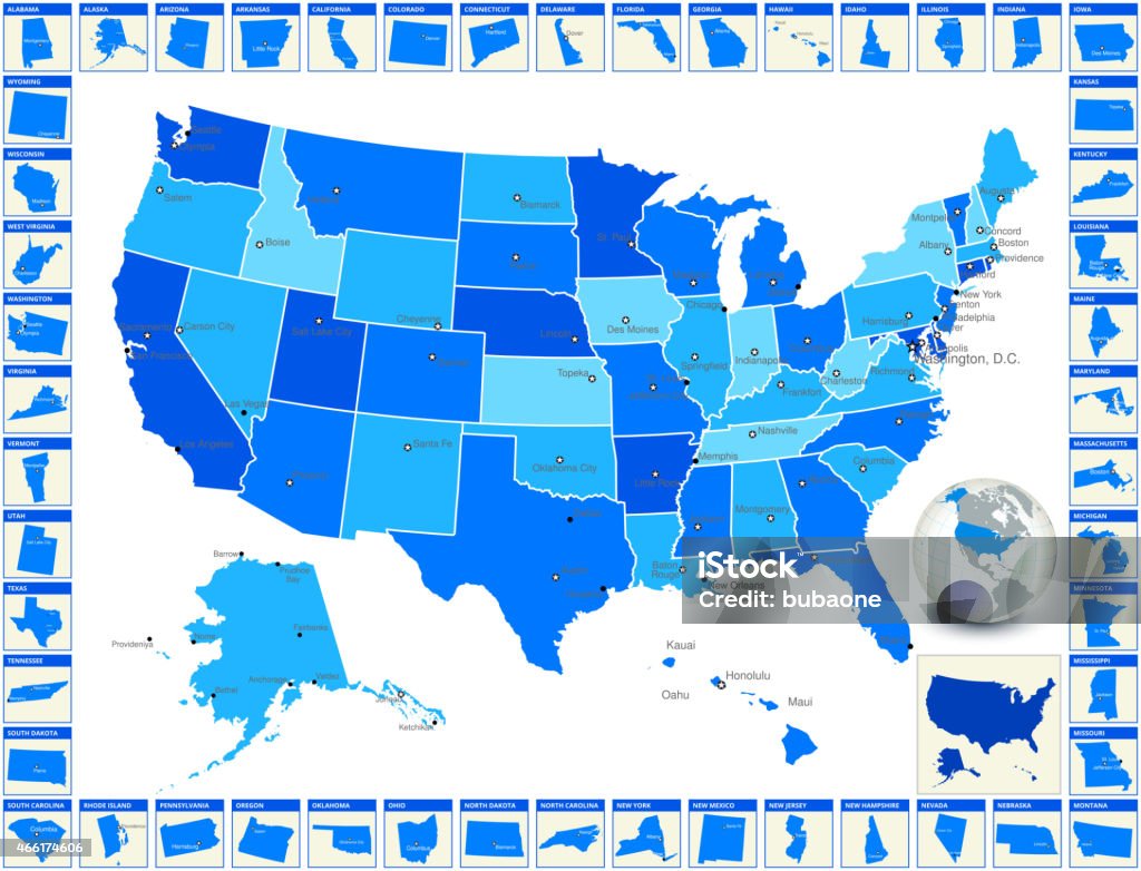 Detailed royalty free vector US State Map with Cities Detailed Editable royalty free vector US State Map with Capitals and Cities. The image features US map in blue color, world map globe, and every state with state name around the main map of the United States of America. Map stock vector