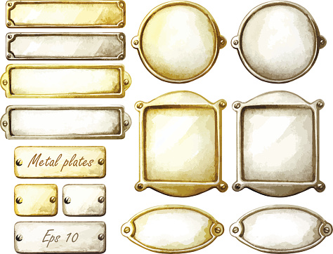 Set of watercolor metal plates. Rectangle, circle and oval frames. Gold and silver. Vector design elements isolated on white background
