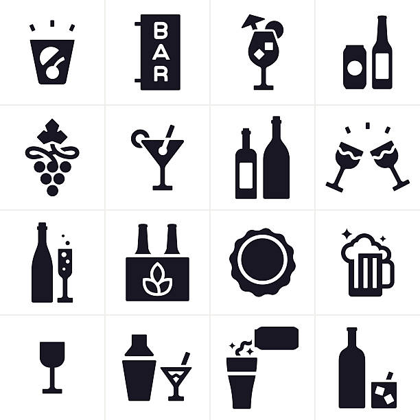 Beer Alcohol and Liquor Icons Beer, alcohol, hard liquor, wine, martini and drinking icon and symbol set. EPS 10 file. cocktail wine bottle glass alcohol stock illustrations
