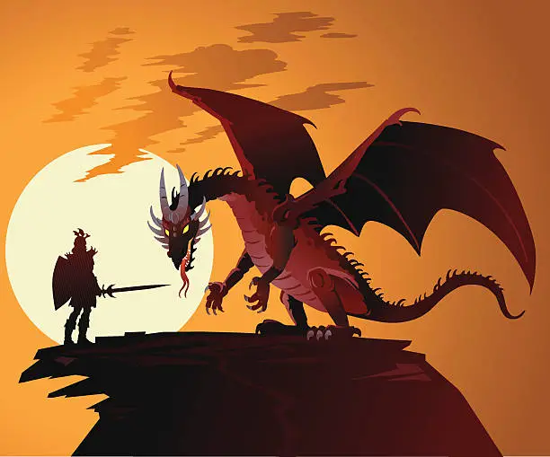 Vector illustration of Fairy Tale Dragon Against Dragonslayer