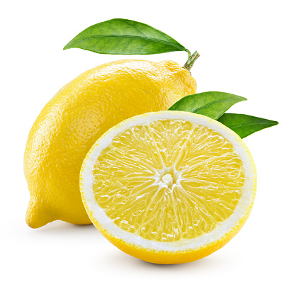 Limón. Frutas, con la mitad y deja Aislado en blanco photo