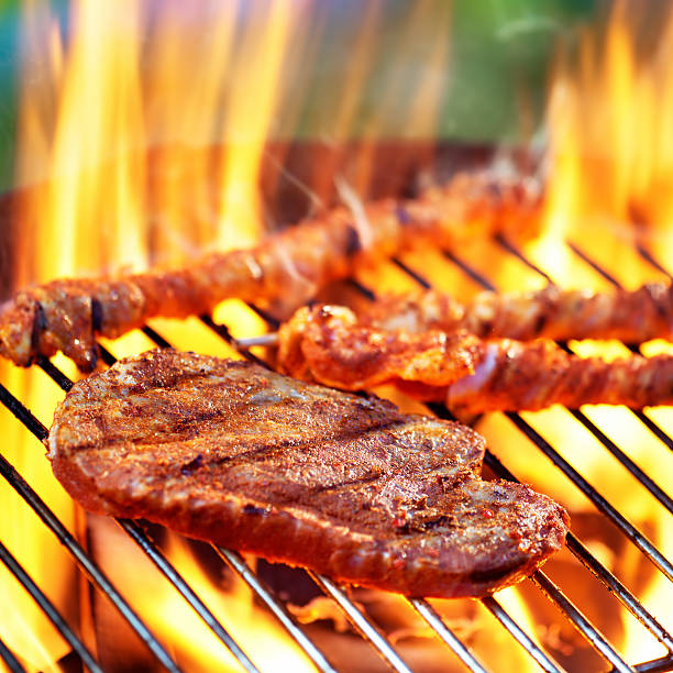 istock Barbecue Pork Steak And Rolled Ham Skewers 466177265