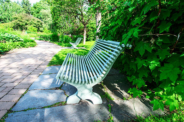 Wooden bench in park side view