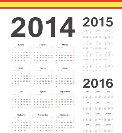 Set of simple spanish 2014, 2015, 2016 year vector calendars. Week starts from Mondays. EPS10.