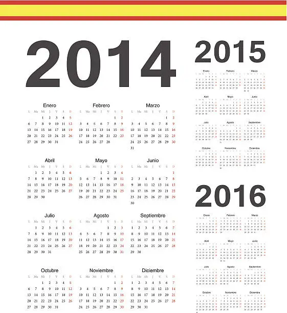 Vector illustration of Set of spanish 2014, 2015, 2016 year vector calendars