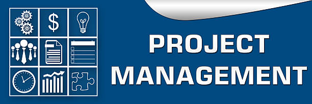 Project Management Blue White Banner stock photo