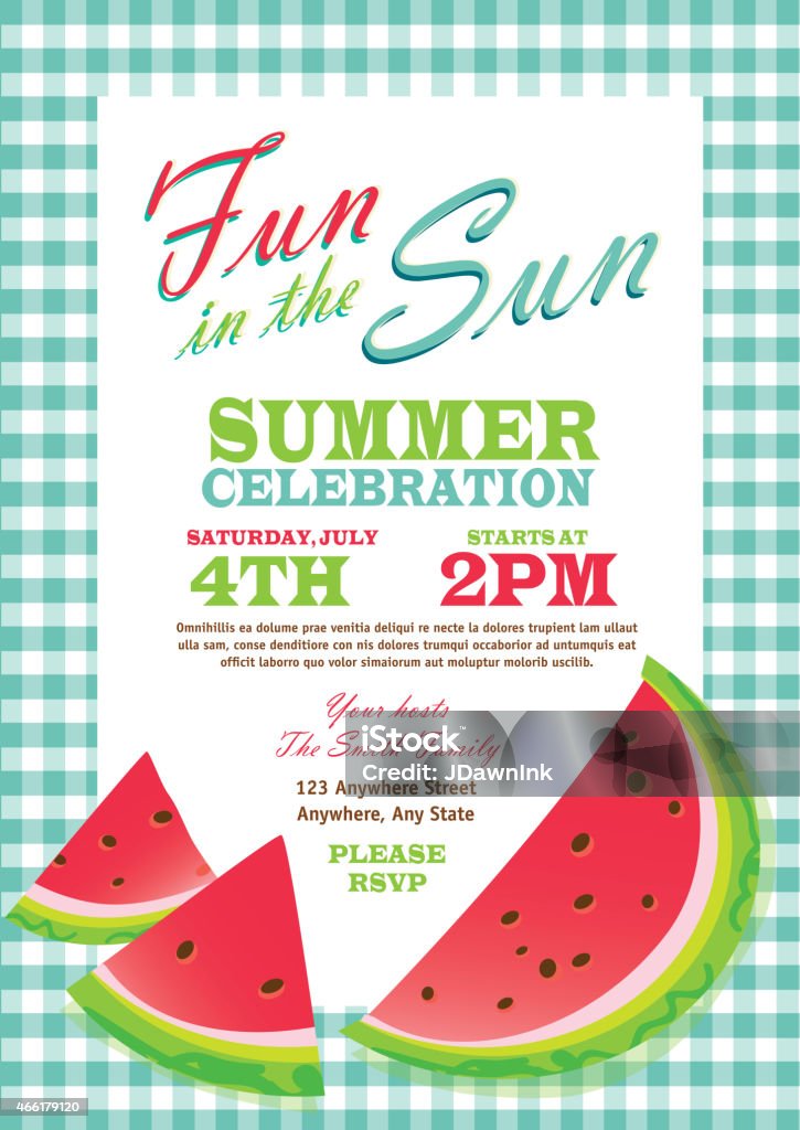 Retro summer party template invitation design checkered turquoise tablecloth Retro beach party invitation or poster template design. Features checkered tablecloth and watermelon slices. Sample text design and 'Fun in the Sun' script. Easy to edit with color scheme and layout elements on a separate layer. Summer fun, party and events. Company picnic celebration or private family gathering for your summer event. Picnic stock vector