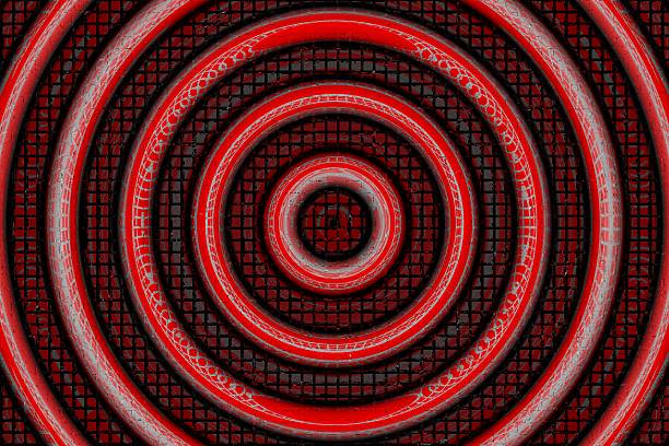 istock Red 3D Rings and black lattice background 466181483