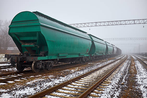 Freight train with hopper cars in the fog stock photo