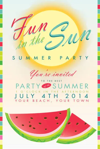 Vector illustration of Retro summer watermelon and sun party template invitation design