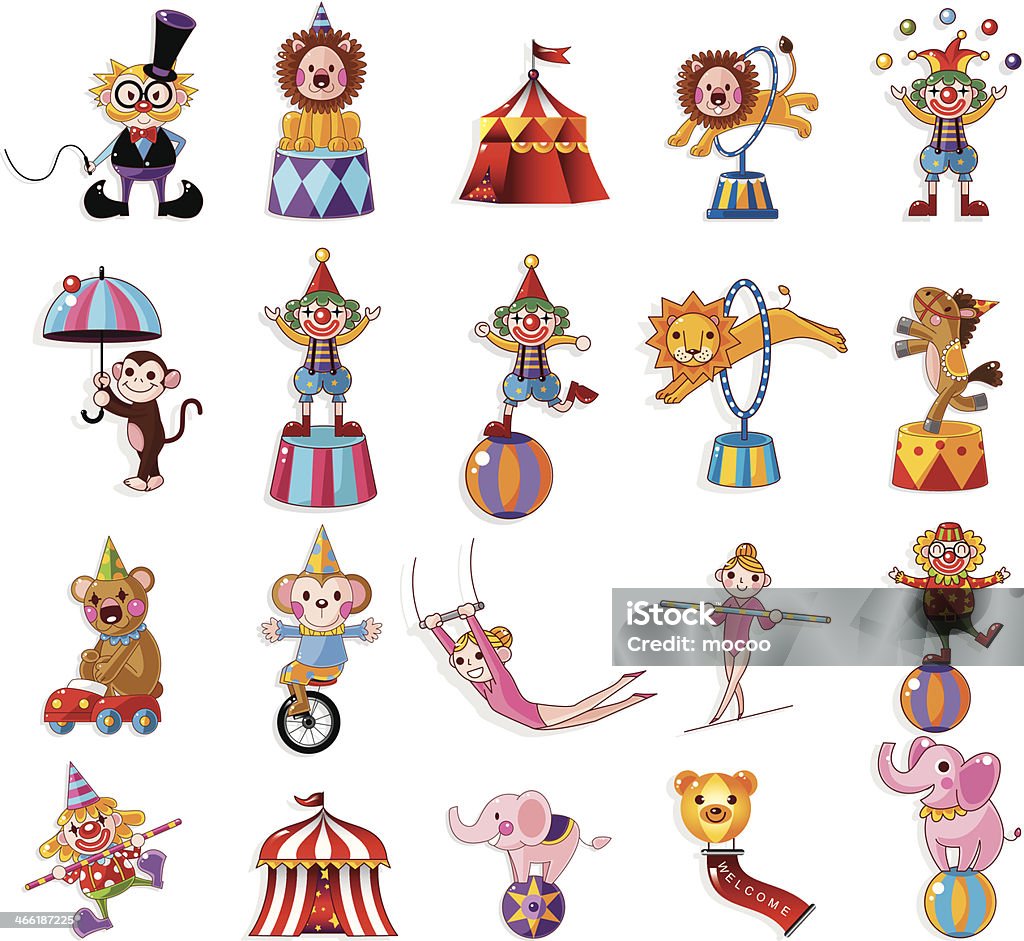 Circus show icons of happy cartoons performing stunts cartoon happy circus show icons collection Circus stock vector