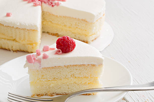Stock photo showing close-up view of a slice of angel food cake displayed on a plate against a pink background.