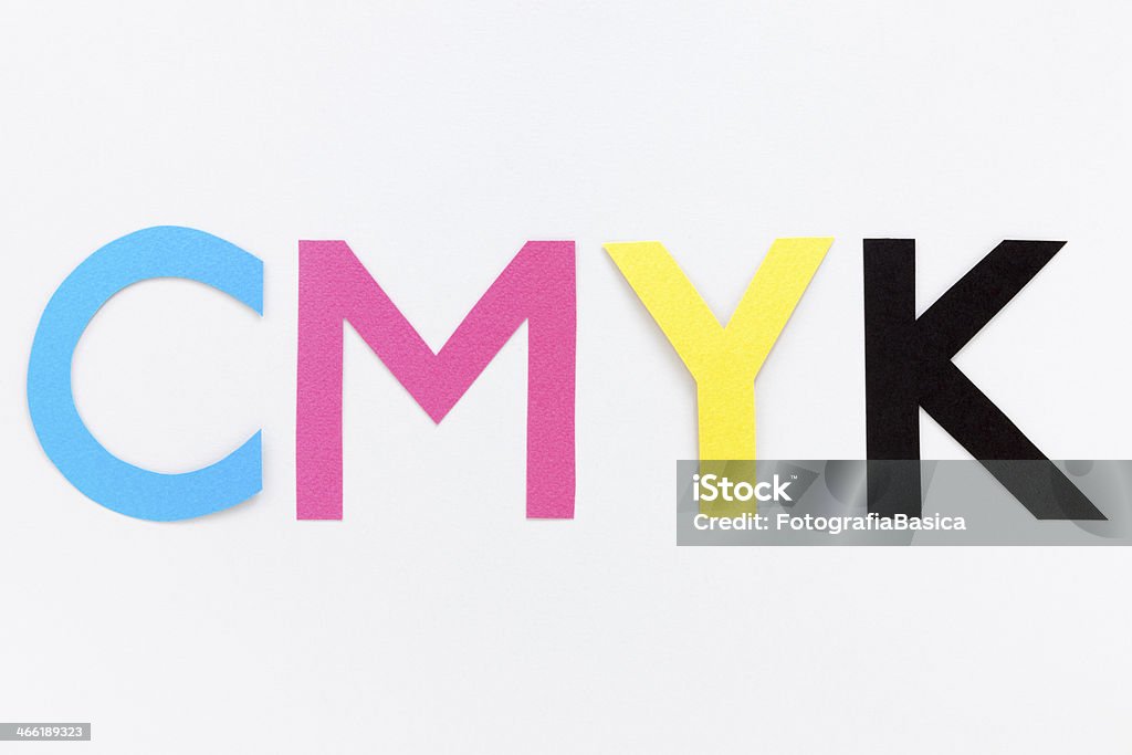 CMYK The Cyan, Magenta, Yellow and Black acronym written with paper cut letters of each corresponding color Acronym Stock Photo