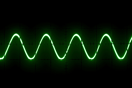 Old oscilloscope  screen with scratches and multiple sinus waves.