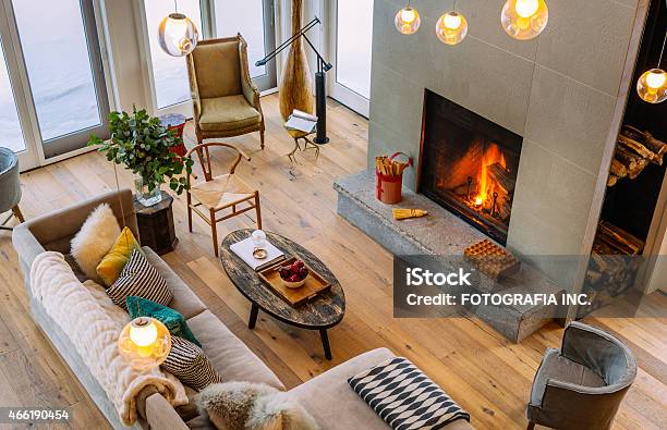 Collingwood Cottage Open Concept Interior Stock Photo - Download Image Now - Fireplace, Living Room, Modern
