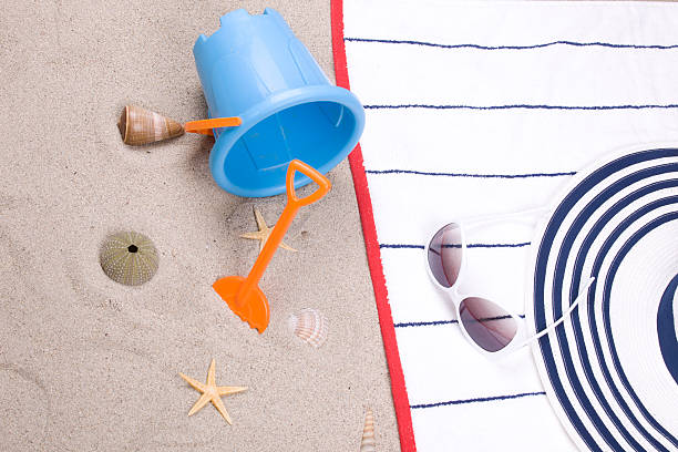 istock beach items on a towel and sand 466197741