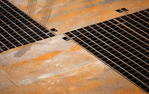istock Abstract technology background with rusted metal floor panels and grille 466198299