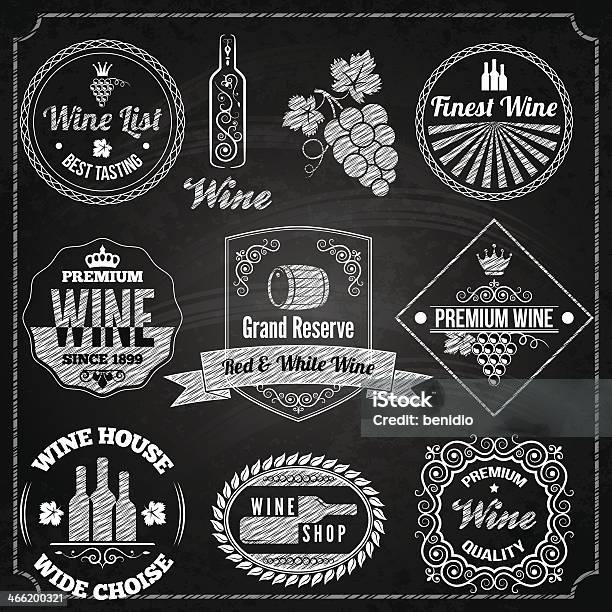 Wine Set Elements Chalkboard Stock Illustration - Download Image Now - Wine, Chalk Drawing, Vector