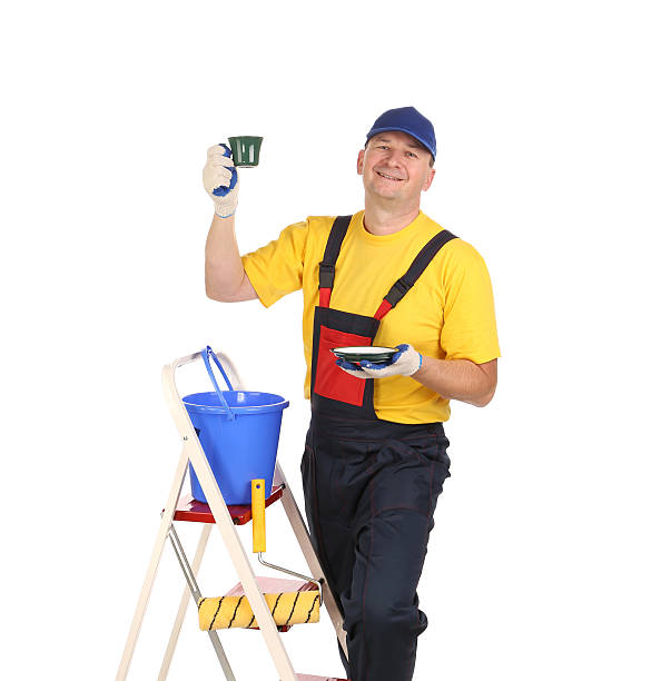 istock Worker on ladder with cup of tea. 466200519