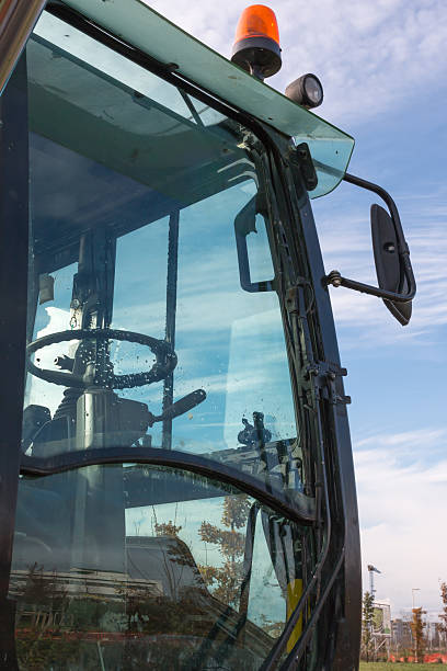 istock Close-up of loader excavator cabin with hazard lights 466200878