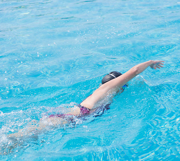 istock Woman in goggles swimming front crawl style 466201022