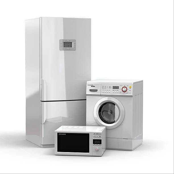 istock Home appliances. Refrigerator, microwave and  washing maching. 466201823