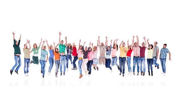 istock Large group of happy people jumping with raised hands. 466201858
