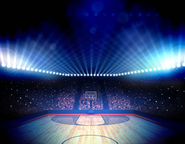 Overview of illuminated basketball arena Basketball concept scoreboard stadium sport seat stock pictures, royalty-free photos & images