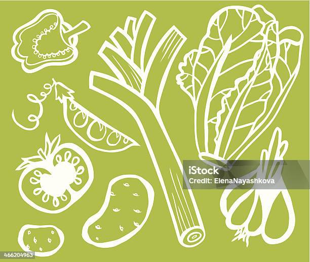 Gesunder Gemüsesalat Mit Weißen Kontur Auf Grünem Hintergrund Stock Vektor Art und mehr Bilder von Römischer Salat