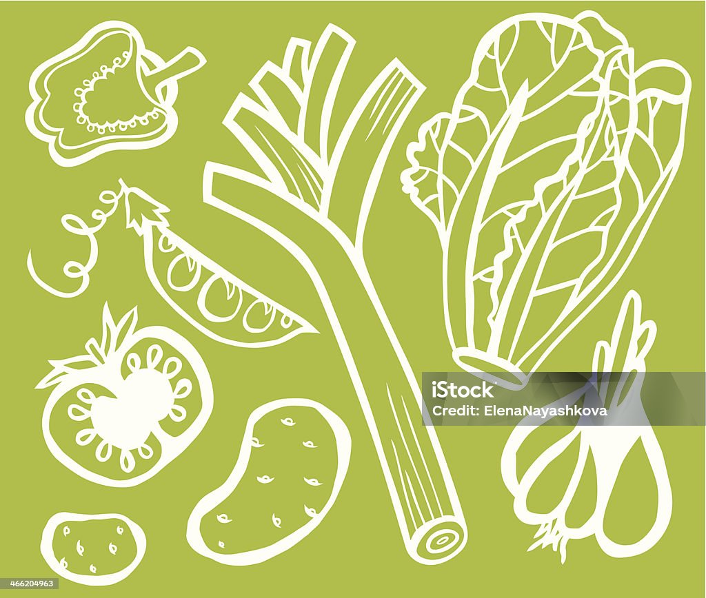 Zdrowe warzywa zestaw biały zarys na zielonym tle - Grafika wektorowa royalty-free (Sałata rzymska)