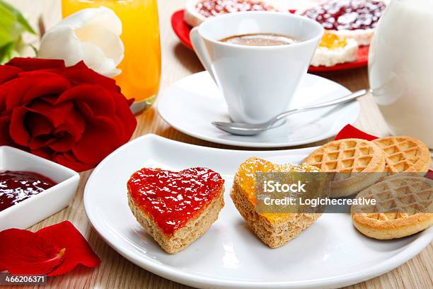 Breackfast With Love And Red Hearths Of Jam Stock Photo - Download Image Now - Affectionate, Breakfast, Color Image