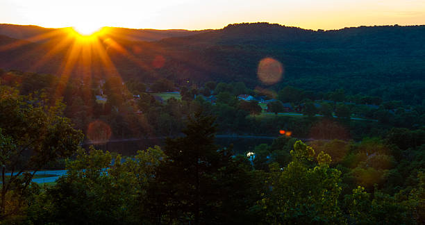 Large Sunset Ozark Mountains Lake Trees Hills