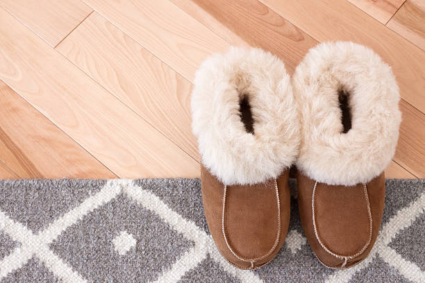 istock Rug and slippers on wooden floor 466209649