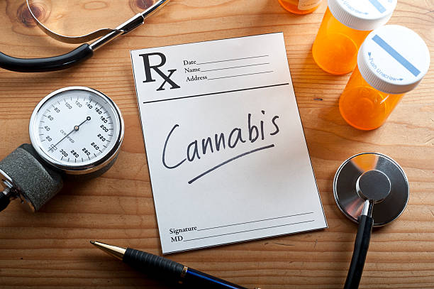 Medical equipment including notepad with Cannabis written Prescription for Medical Marijuana on a desktop. medical cannabis stock pictures, royalty-free photos & images