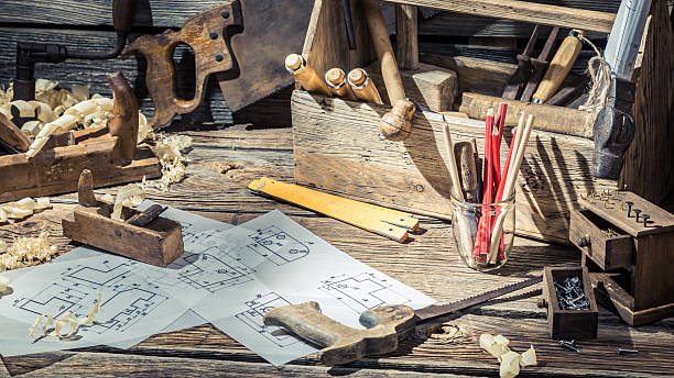 istock Vintage wooden drawing desk in carpenter workshop 466214402