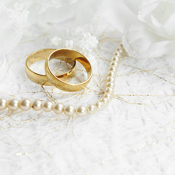 istock Two golden wedding rings with seamless flower decorations 466214854