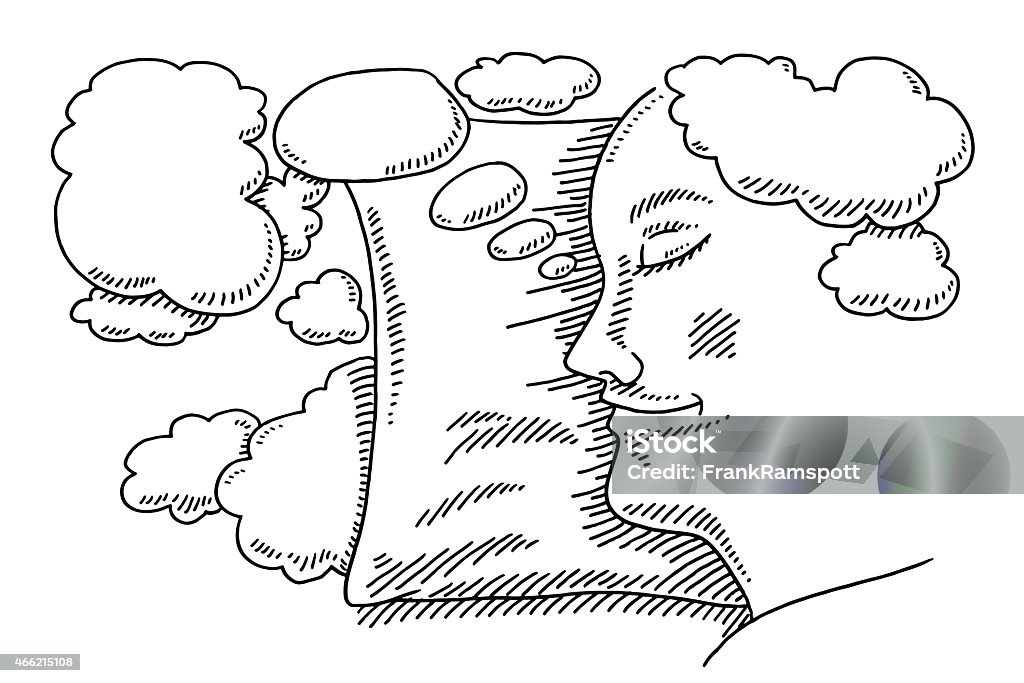 Sleeping Person Dreams Thought Bubbles Drawing Hand-drawn vector drawing of a Sleeping Person and some empty Thought Bubbles, Dreams Concept Image. Black-and-White sketch on a transparent background (.eps-file). Included files are EPS (v10) and Hi-Res JPG. Human Face stock vector