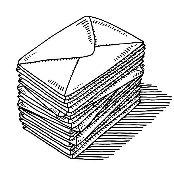 illustrations, cliparts, dessins animés et icônes de une pile de lettres de dessin - white background square close up office supply
